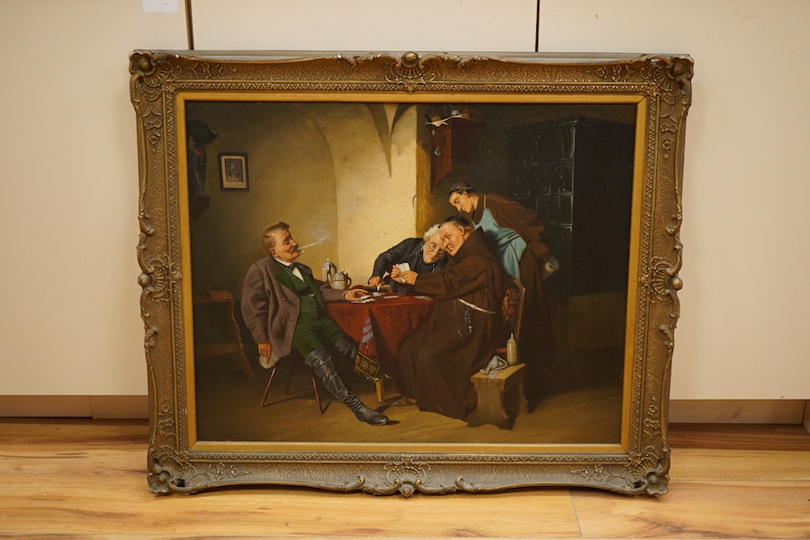 Walter Dendy Sadler (1854-1923), Interior Scene with figures playing cards at a table, signed, oil on canvas, (relined), 52 x 65cm, ornate gilt frame